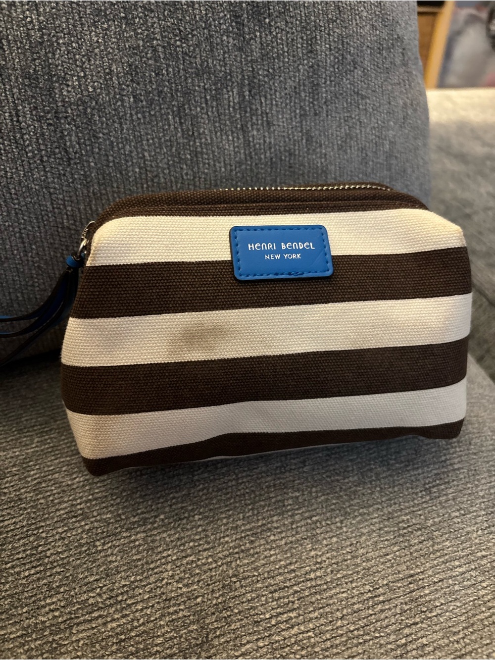 henri bendel Brown and White Striped Toiletry Pouch with Blue Logo Patch